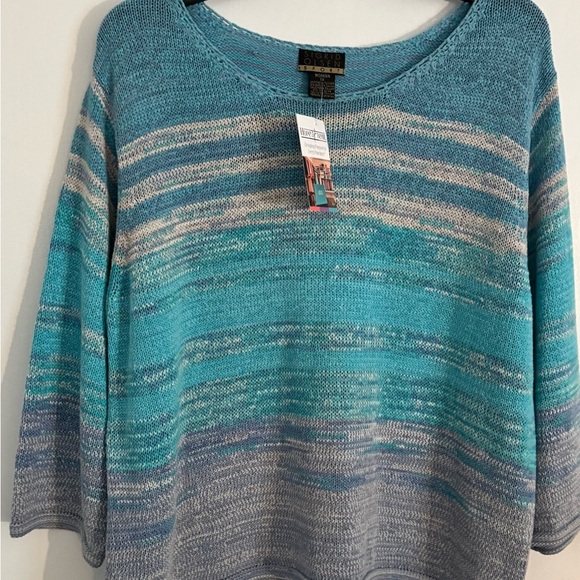 Chico’s 1X Striped Sweater Blue Gray NWT 3/4 Sleeve Lightweight Knit - Picture 1 of 7